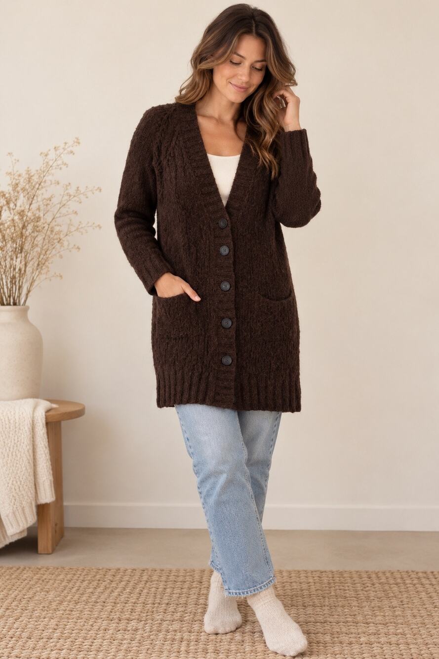 Vince Brown Wool Alpava Chunky Knit Cardigan Button Front Small Brown Cozy